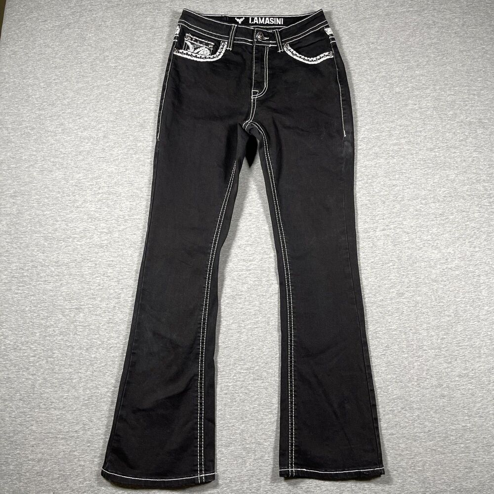 Lamasini Jeans Juniors 5 Black Bootcut Mid Rise Paisley Embroidered Sequin Denim